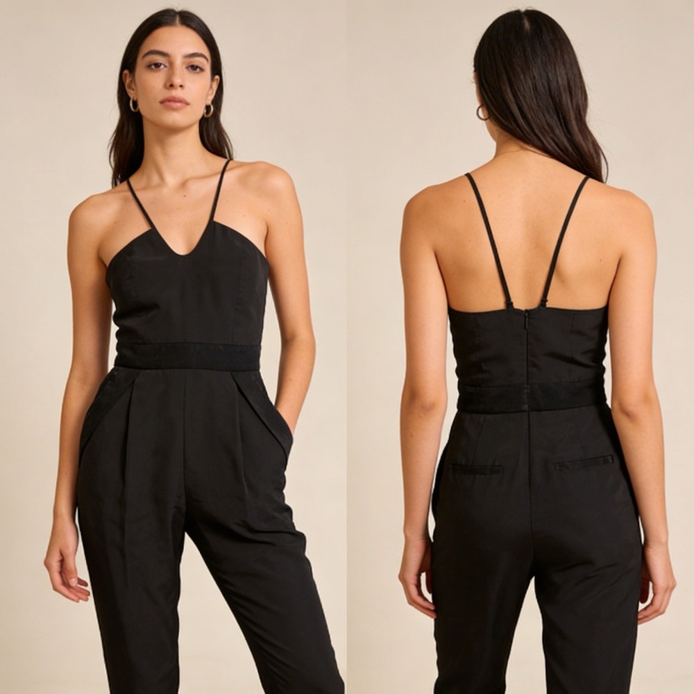 BCBGeneration Black Spaghetti-Strap V-Neck Jumpsuit